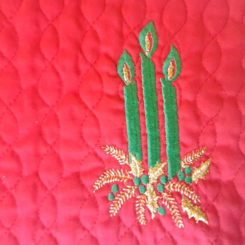 Set Of Two Unbranded Red Quilted Placemats Green Embroidered Candles